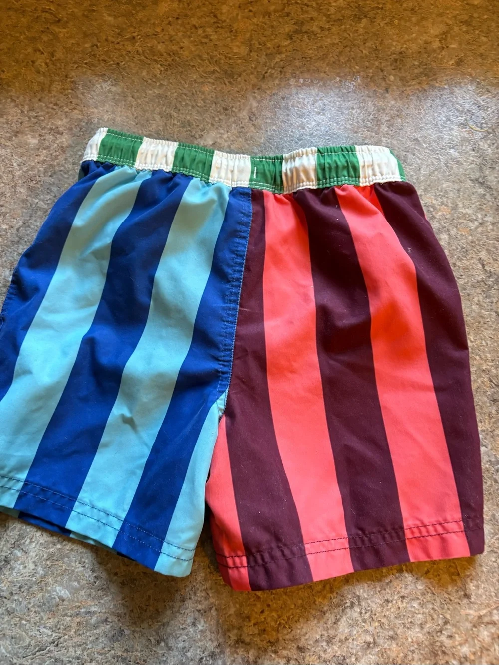 Mini Boden Striped Colorblock Swim Shorts in Pink, Burgundy & Blue